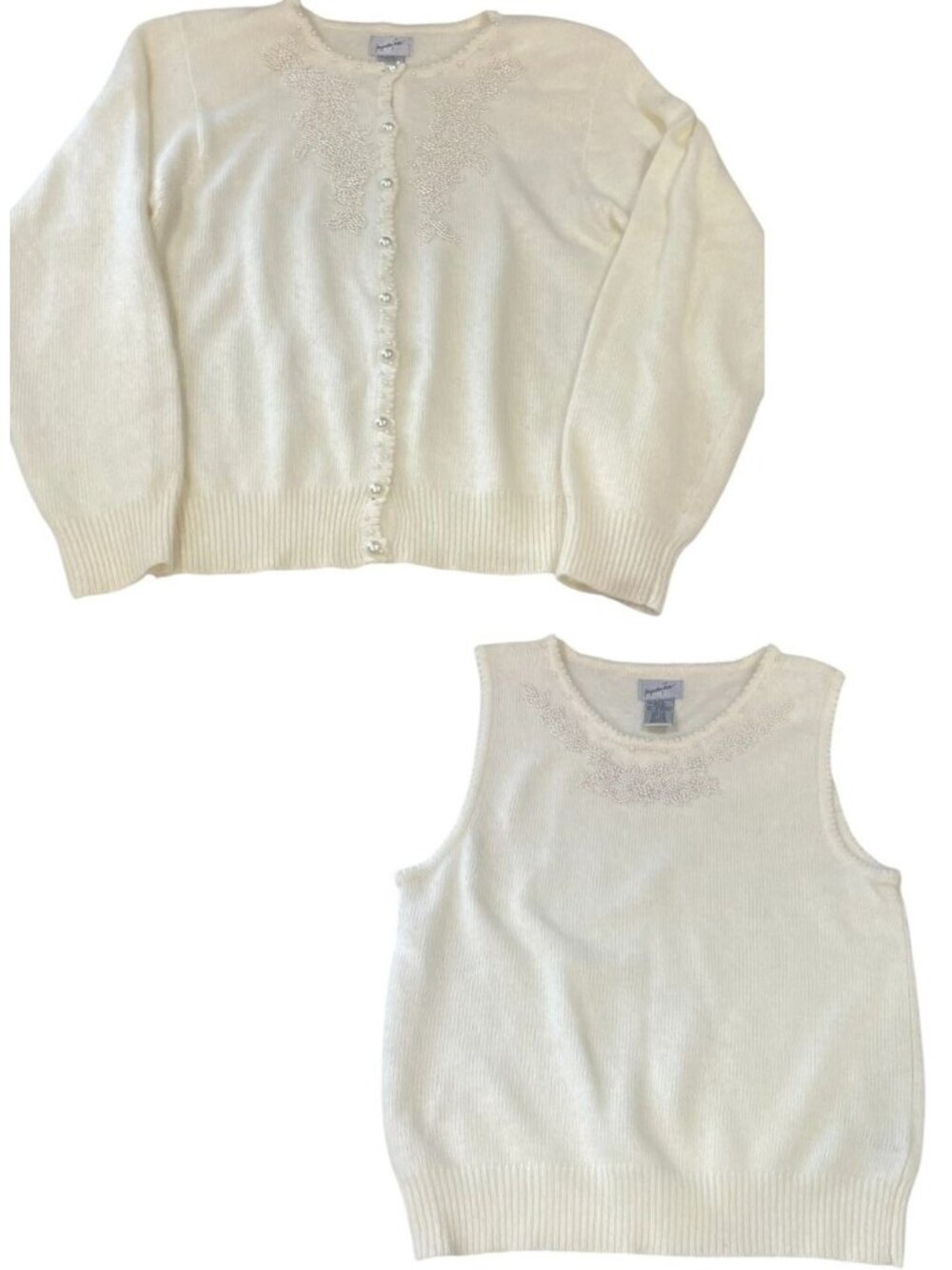 Jacqueline Ferrar Wool Angora Cardigan Set M Cream Pearl Embroidered Cottagecore
